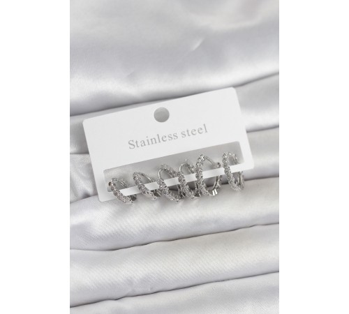 316L Çelik Gümüş Renk Zirkon Taşlı Halka Model Kadın Küpe Seti