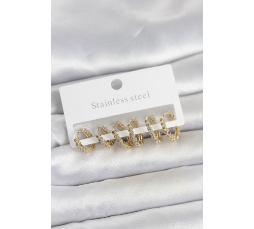 316L Çelik Gold Renk Zirkon Taşlı Halka Model Kadın Küpe Seti