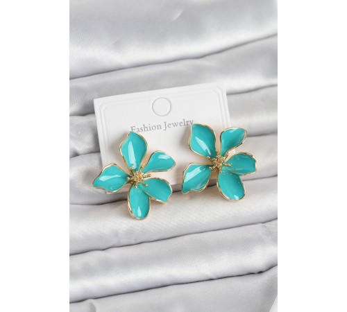 Turkuaz Mineli Çiçek Model Pirinç Kadın Küpe