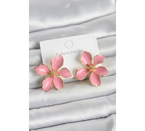 Pembe Mineli Çiçek Model Pirinç Kadın Küpe