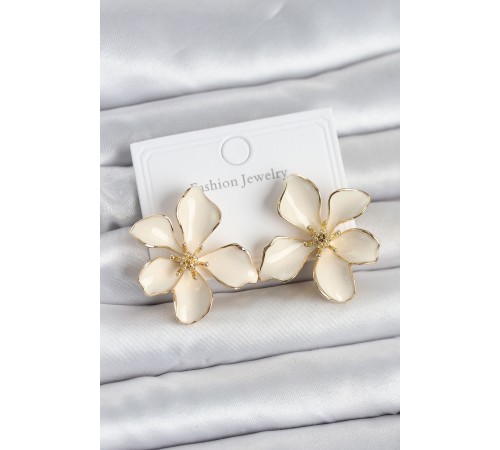 Krem Mineli Çiçek Model Pirinç Kadın Küpe