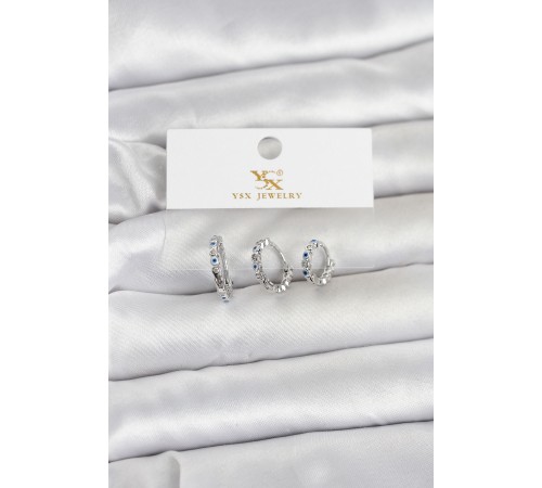 Pirinç Gümüş Renk Nazarlı Model 3'lü Kadın Küpe