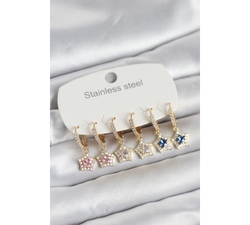 316L Çelik Zirkon Taşlı Yıldız Form 6'lı Set Kadın Küpe