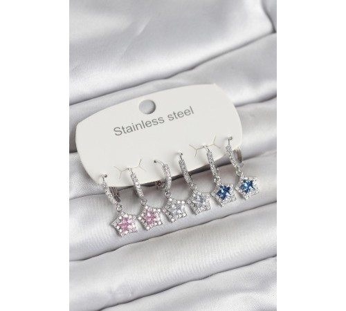 316L Çelik Gümüş Renk Zirkon Taşlı Yıldız Form 6'lı Set Kadın Küpe