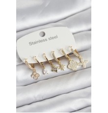 316L Çelik Gold Renk 6'lı Set Yonca Model Kadın Küpe