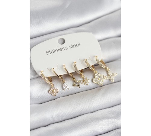 316L Çelik Gold Renk 6'lı Set Yonca Model Kadın Küpe