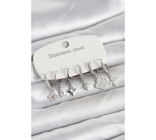 316L Çelik Gümüş Renk 6'lı Set Yonca Model Kadın Küpe
