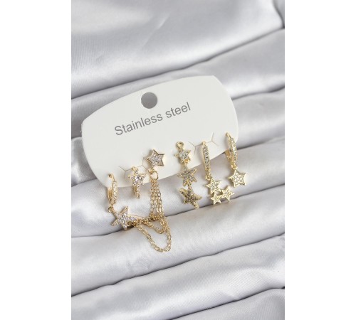 316L Çelik Gold Renk 6'lı Set Zincirli Yıldız Modelli Kadın Küpe