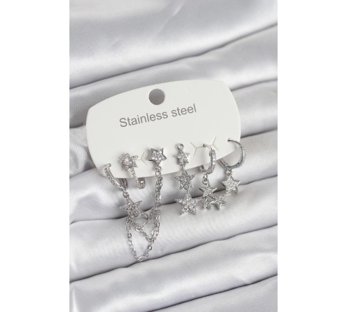 316L Çelik Gold Renk 6'lı Set Zincirli Yıldız Modelli Kadın Küpe