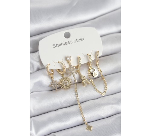 316L Çelik Gold Renk 6'lı Set Charmlı Kadın Küpe