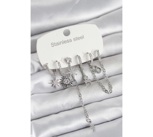 316L Çelik Gümüş Renk 6'lı Set Charmlı Kadın Küpe