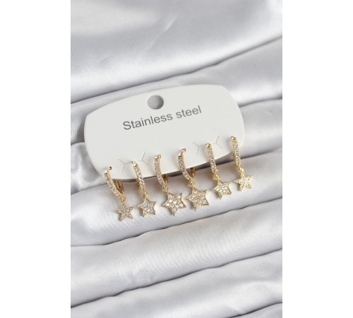 316L Çelik Gold Renk 6'lı Set Yıldız Model Kadın Küpe