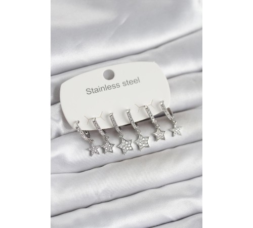 316L Çelik Gümüş Renk 6'lı Set Yıldız Model Kadın Küpe