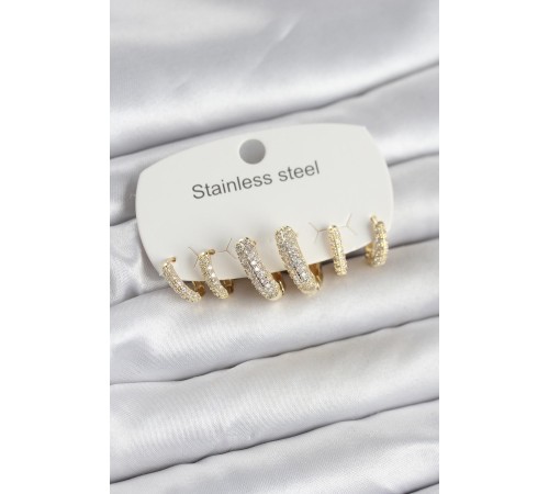 316L Çelik Gold Renk 6'lı Set Zirkon Taşlı Halka Model Kadın Küpe