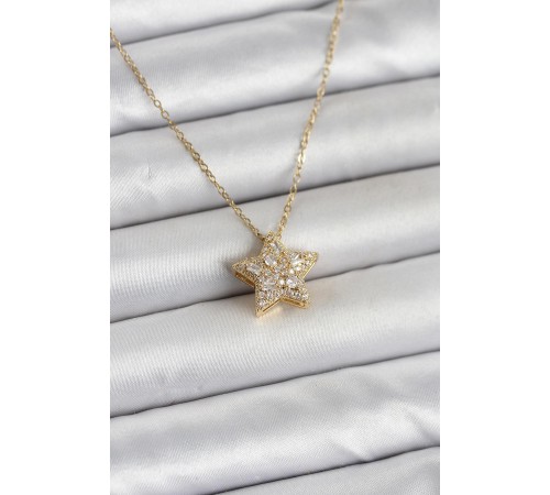 316L Çelik Zincir Gold Renk Zirkon Taşlı Yıldız Model Kadın Kolye