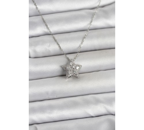 316L Çelik Zincir Gümüş Renk Zirkon Taşlı Yıldız Model Kadın Kolye