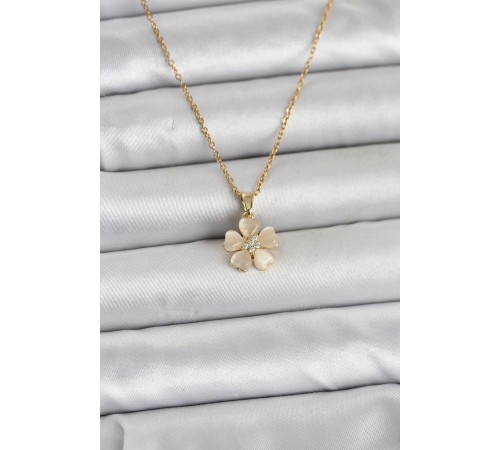 316L Çelik Zincir Gold Renk Yonca Model Kadın Kolye