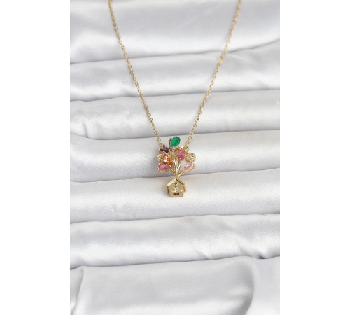 316L Çelik Zincir Gold Renk Uçan Balon Ev Figür Kadın Kolye