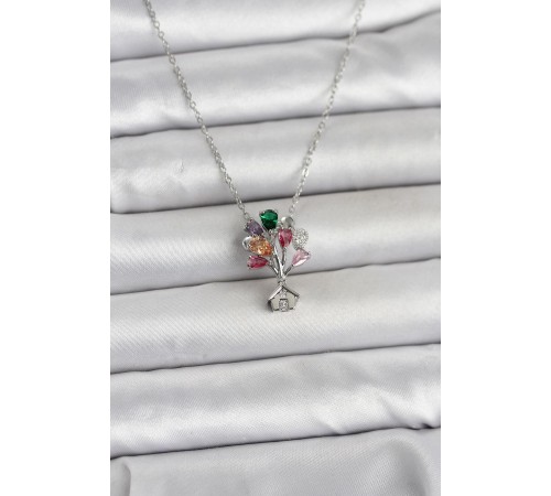 316L Çelik Zincir Gümüş Renk Uçan Balon Ev Figür Kadın Kolye