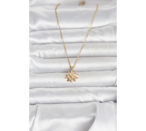 316L Çelik Zincir Gold Renk Pembe Papatya Model Kadın Kolye