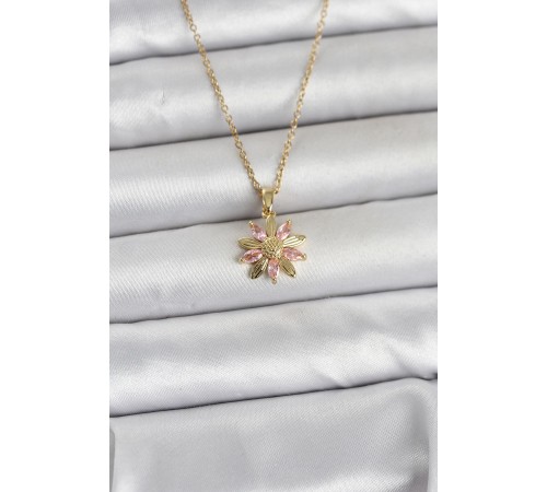 316L Çelik Zincir Gold Renk Pembe Papatya Model Kadın Kolye