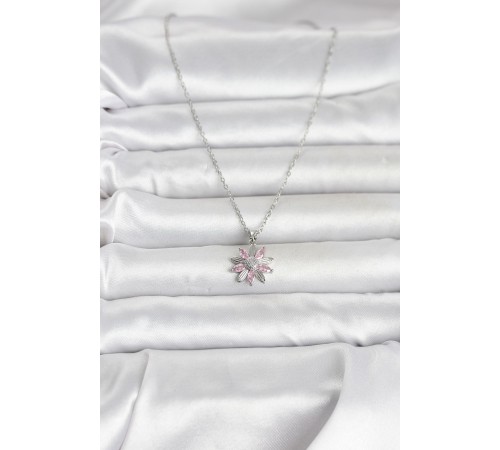 316L Çelik Zincir Gümüş Renk Pembe Papatya Model Kadın Kolye