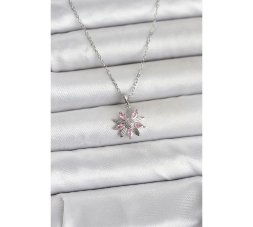 316L Çelik Zincir Gümüş Renk Pembe Papatya Model Kadın Kolye