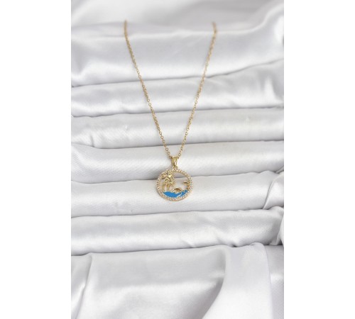 316L Çelik Zincir Gold Renk Zirkon Taşlı Deniz Temalı Kadın Kolye