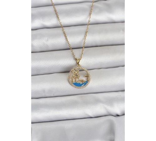 316L Çelik Zincir Gold Renk Zirkon Taşlı Deniz Temalı Kadın Kolye