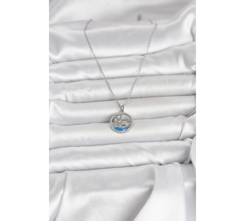 316L Çelik Zincir Gümüş Renk Zirkon Taşlı Deniz Temalı Kadın Kolye