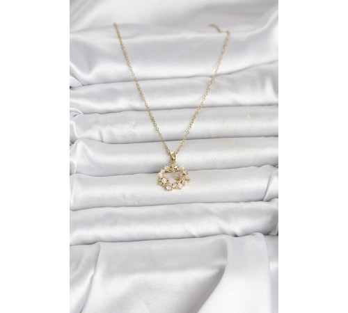 316L Çelik Zincir Gold Renk İncili Çiçek Model Kadın Koyle