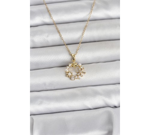 316L Çelik Zincir Gold Renk İncili Çiçek Model Kadın Koyle