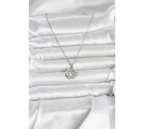 316L Çelik Zincir Gümüş Renk İncili Çiçek Model Kadın Koyle