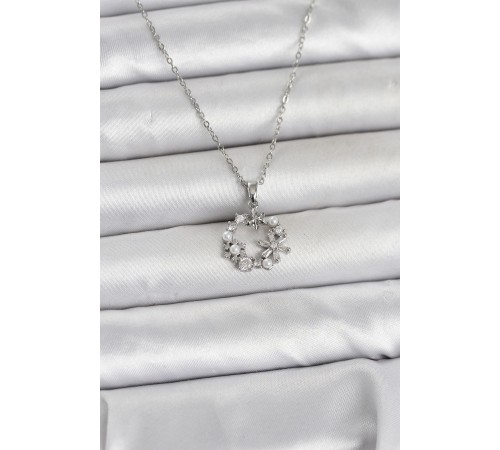 316L Çelik Zincir Gümüş Renk İncili Çiçek Model Kadın Koyle