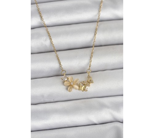 316L Çelik Zincir Gold Renk Çiçek ve Kelebek Model Kadın Kolye