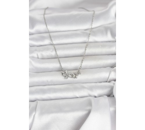 316L Çelik Zincir Gümüş Renk Çiçek ve Kelebek Model Kadın Kolye