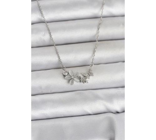 316L Çelik Zincir Gümüş Renk Çiçek ve Kelebek Model Kadın Kolye