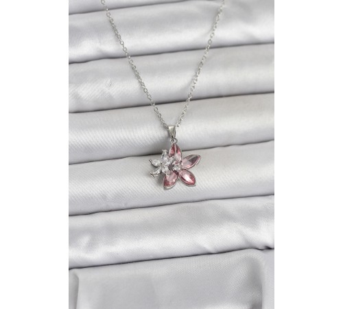 316L Çelik Zincir Gümüş Renk Pembe Lotus Model Kadın Kolye