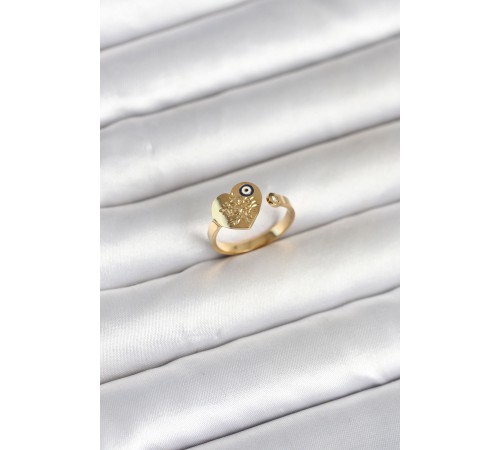 316L Çelik Gold Renk Nazar Detaylı Kalp Model Kadın Yüzük