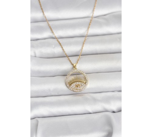 316L Çelik Gold Renk Zirkon Taşlı Göz Model Kadın Kolye