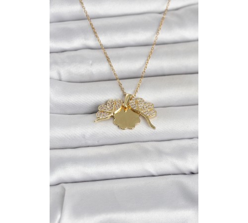 316L Çelik Gold Renk Açılabilir Yonca Model Zirkon Taşlı Kadın Kolye