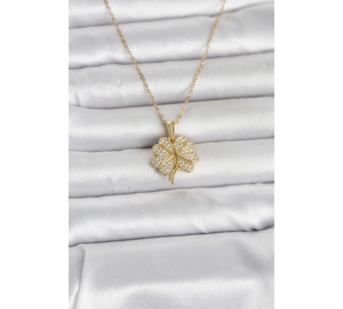 316L Çelik Gold Renk Açılabilir Yonca Model Zirkon Taşlı Kadın Kolye