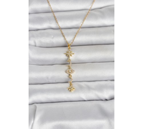 316L Çelik Gold Renk Kutup Yıldızı Y Model Zirkon Taşlı Kadın Kolye