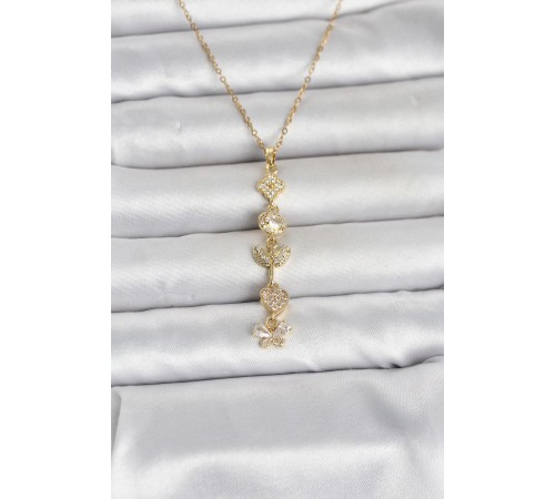 316L Çelik Gold Renk Şans Kolyesi Y Model Zirkon Taşlı Kadın Kolye