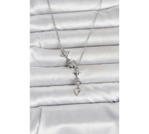 316L Çelik Gümüş Renk Zirkon Taşlı Y Kadın Kolye