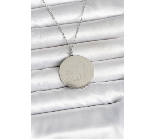 316L Çelik Gümüş Renk Ayetel Kürsi ve Allah Yazılı Kolye