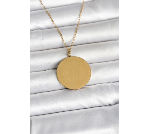 316L Çelik Gold Renk Ayetel Kürsi ve Allah Yazılı Kolye