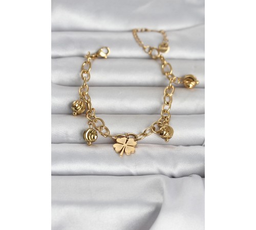 316L Çelik Gold Renk Yonca ve Dorikalı Kadın Bileklik