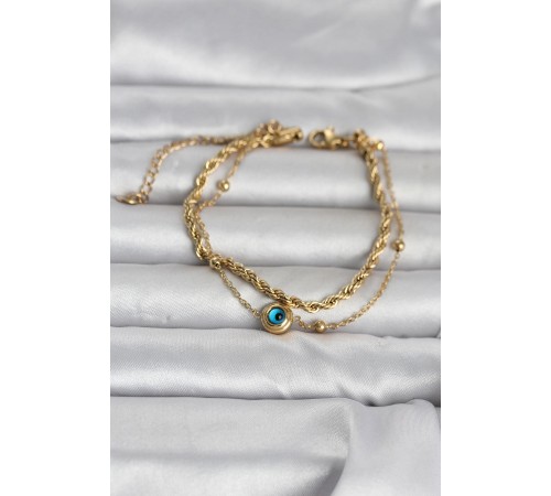 316L Çelik Gold Renk Burgu Zincir ve Nazarlı Kadın Bileklik