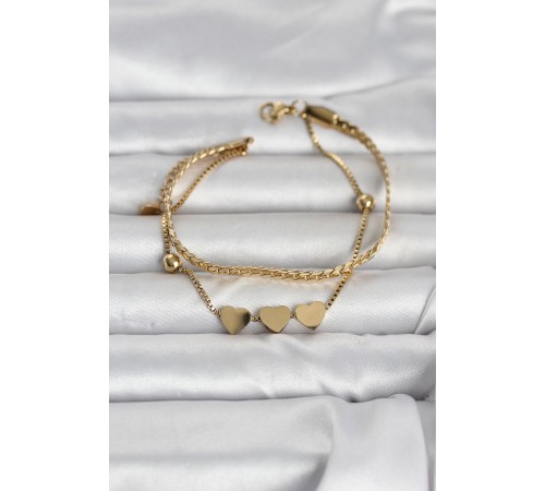 316L Çelik Gold Renk Ezme Zincir ve Kalpli Kadın Bileklik